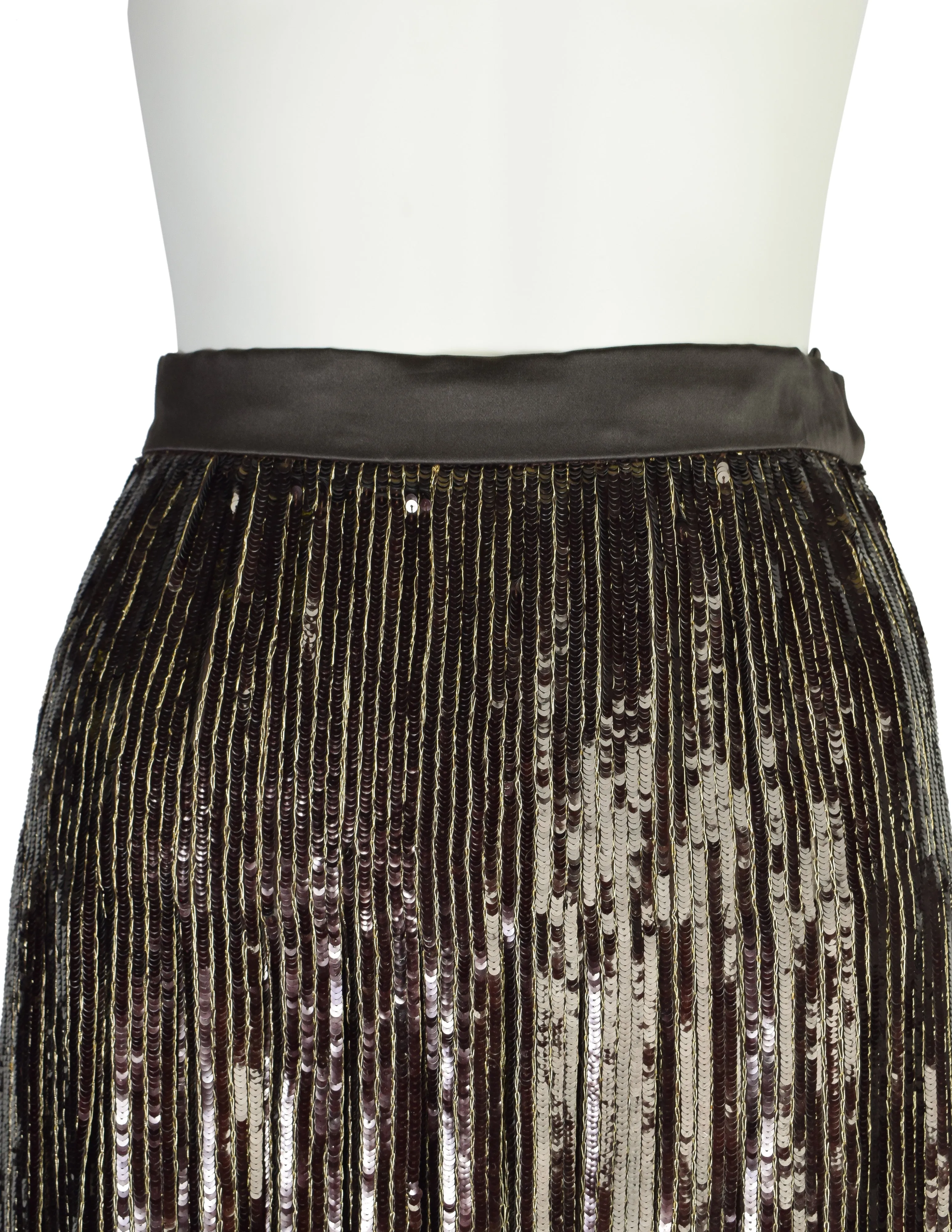 Valentino Vintage AW 1990 Brown Gold Floral Sequin Chiffon Pleated Skirt