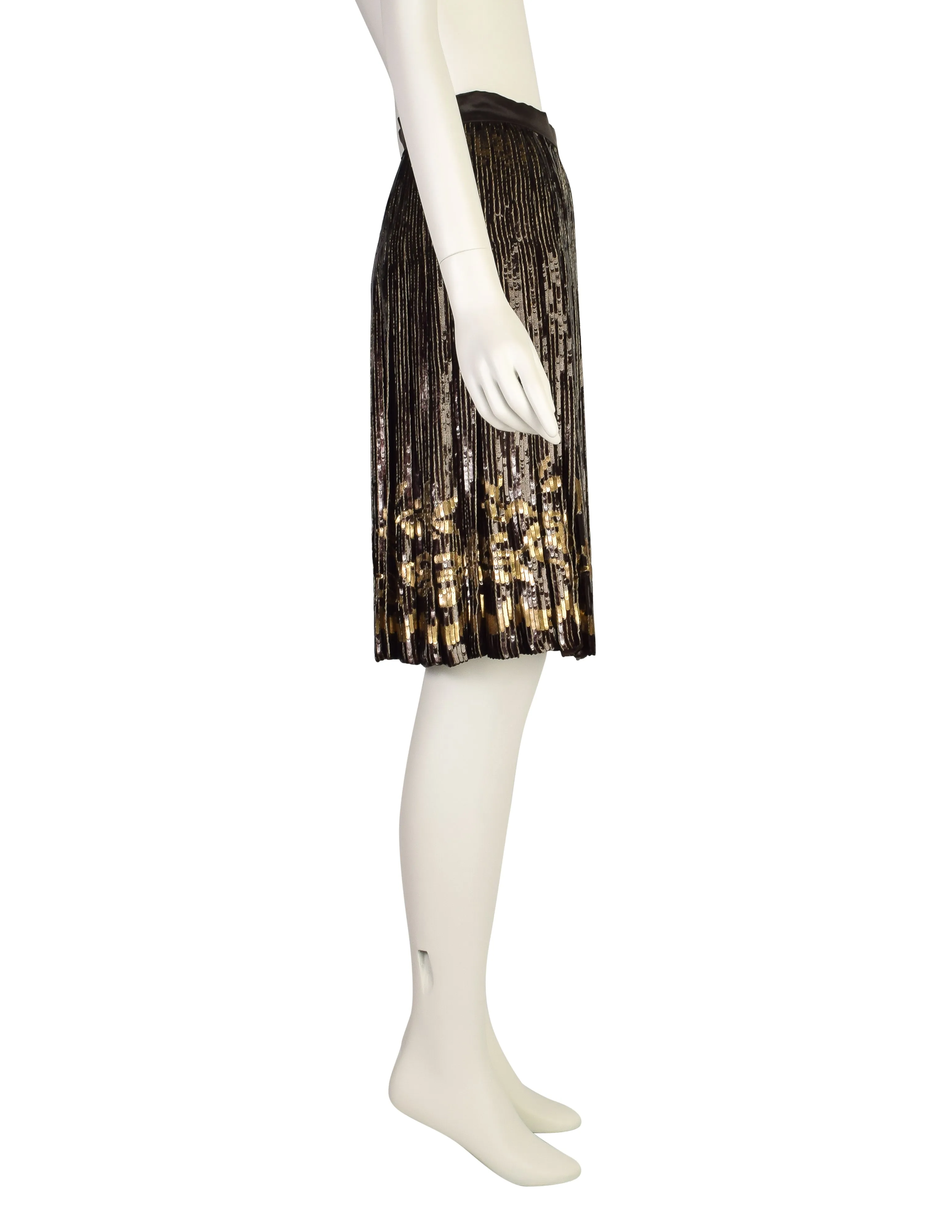 Valentino Vintage AW 1990 Brown Gold Floral Sequin Chiffon Pleated Skirt