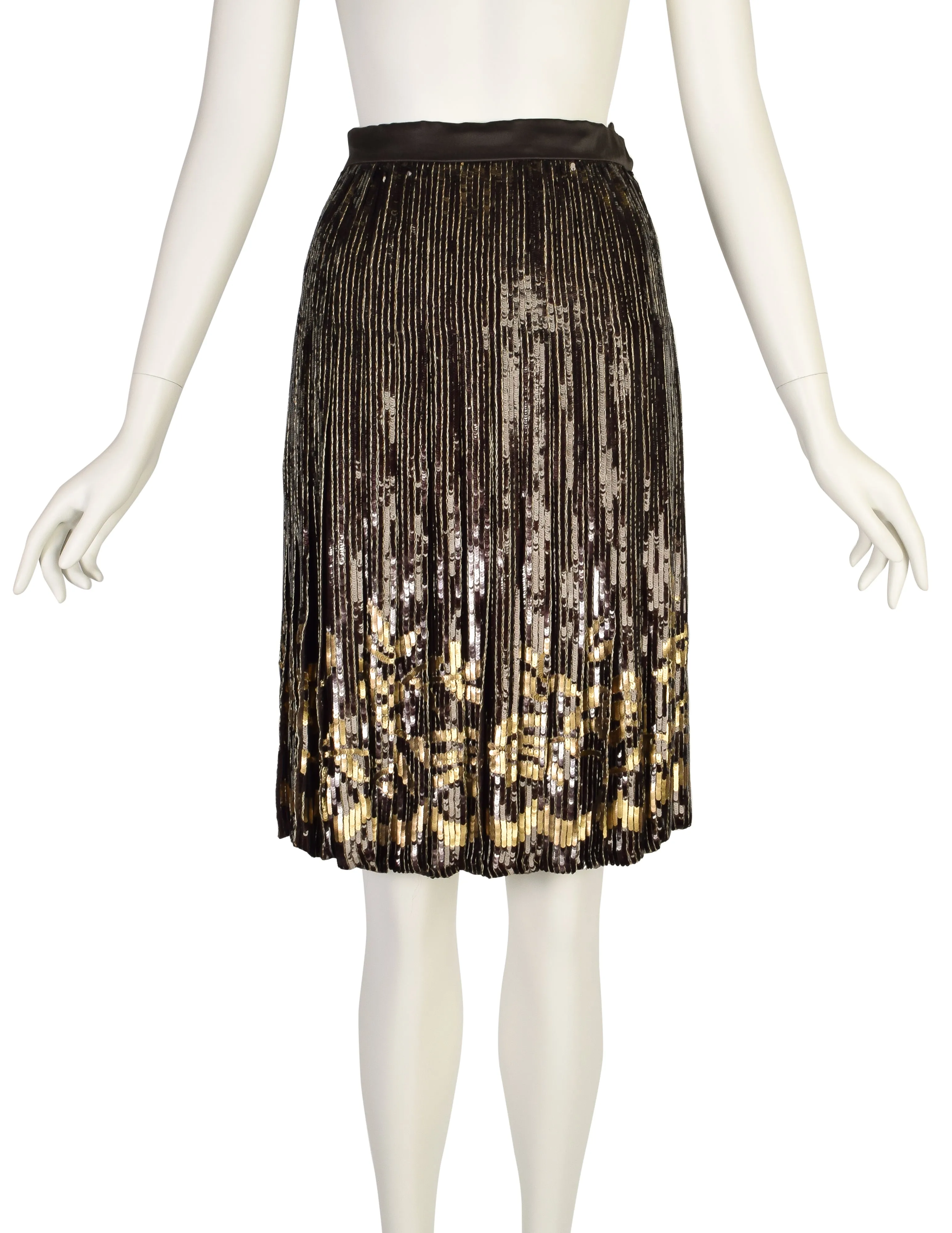 Valentino Vintage AW 1990 Brown Gold Floral Sequin Chiffon Pleated Skirt