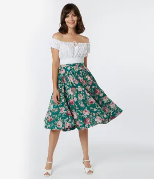 Vintage Style Green & Pink Floral Print Swing Skirt