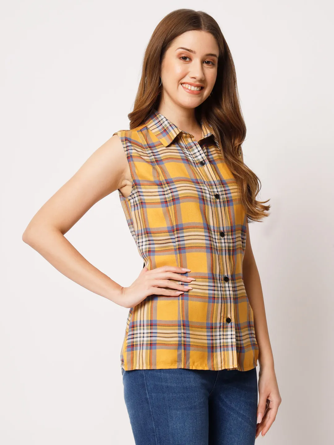 Women Tartan Checked Sleeveless Shirt