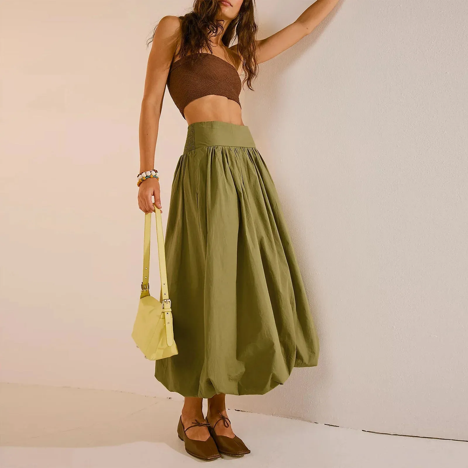 Y2K Bubble Maxi Solid Color Ruffle Pleated Skirt