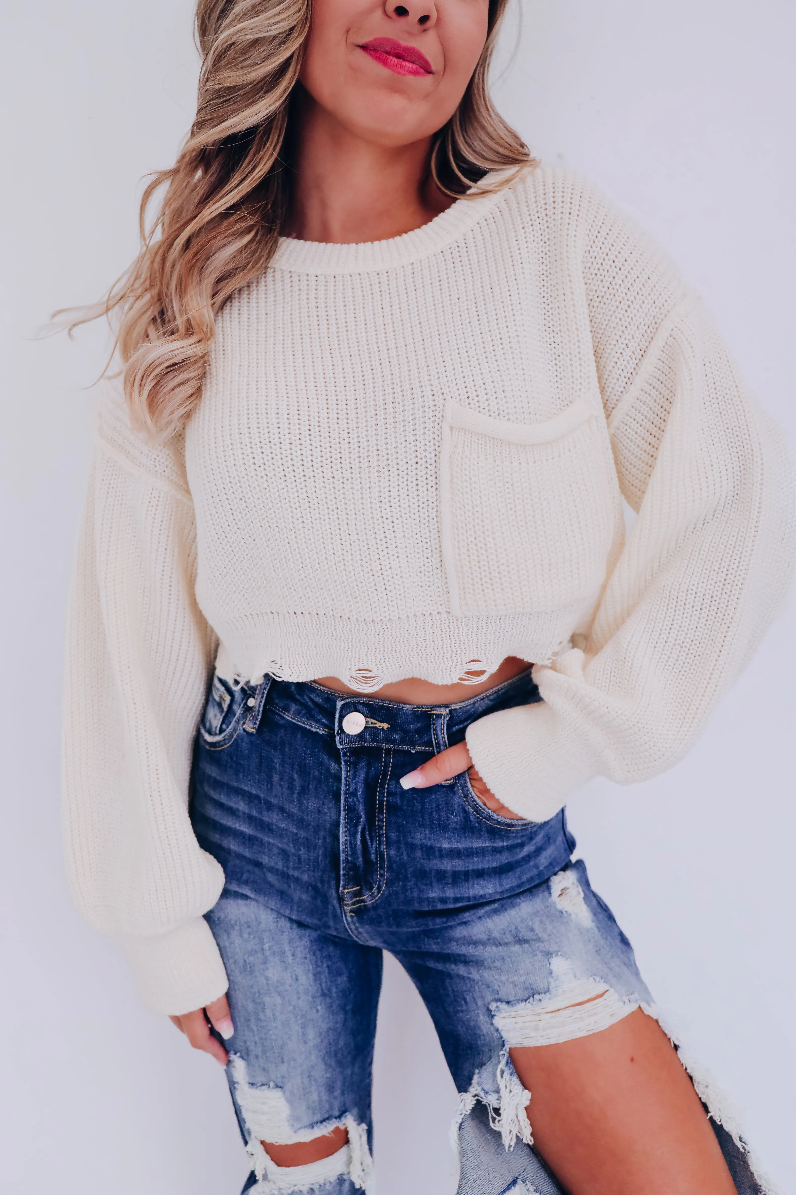 Zuri Puff Sleeve Cropped Sweater - Ivory