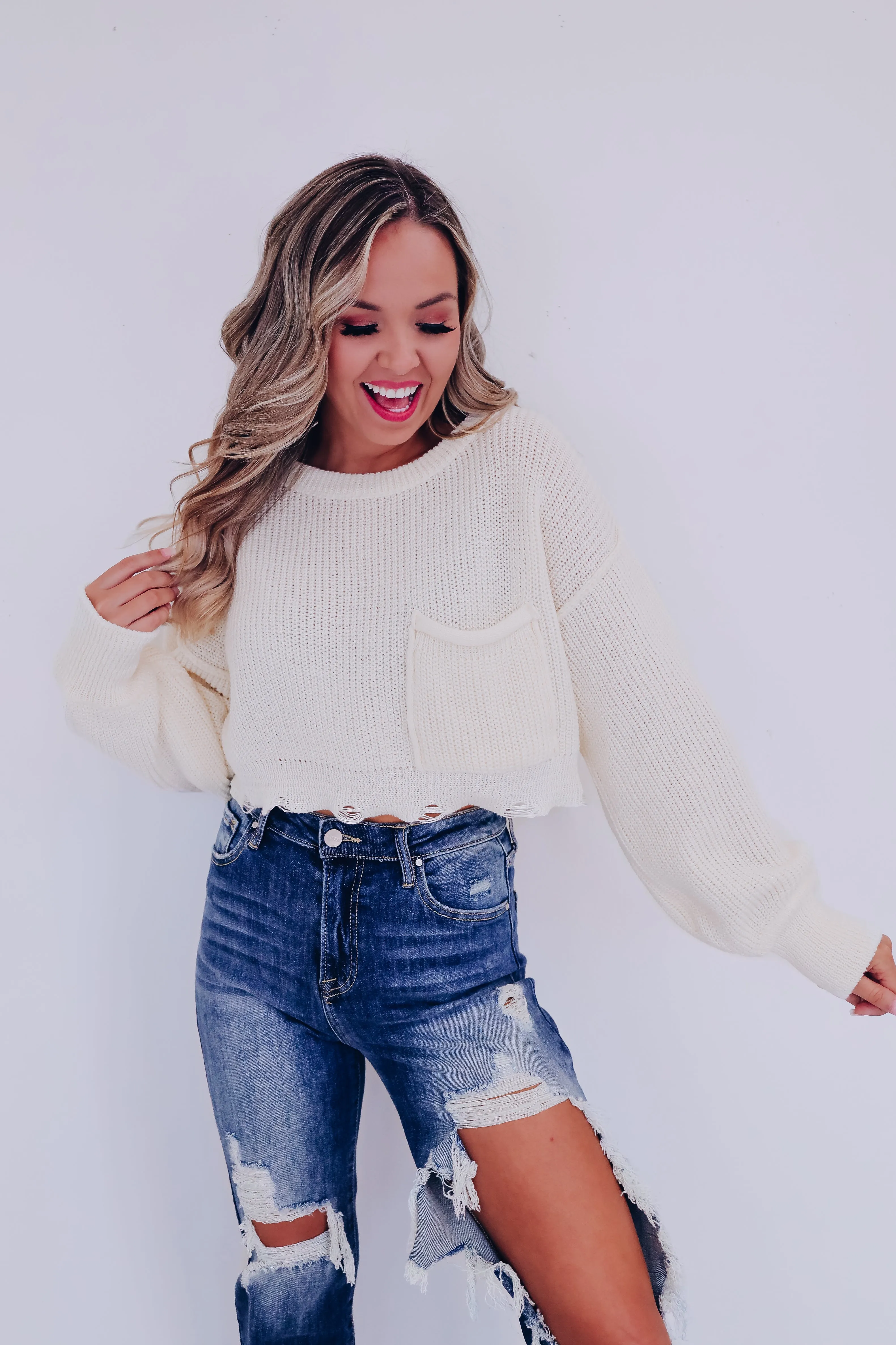 Zuri Puff Sleeve Cropped Sweater - Ivory