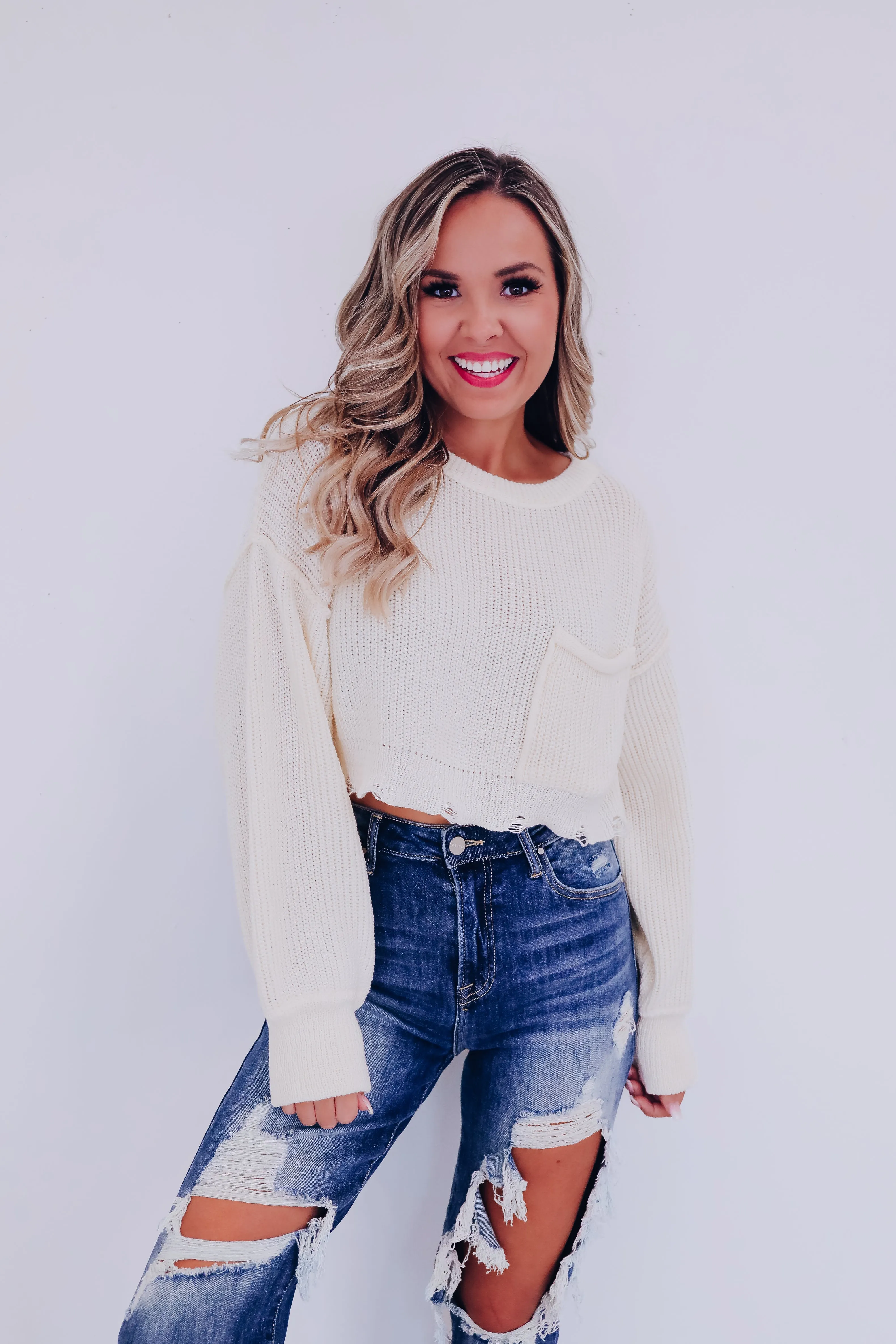 Zuri Puff Sleeve Cropped Sweater - Ivory