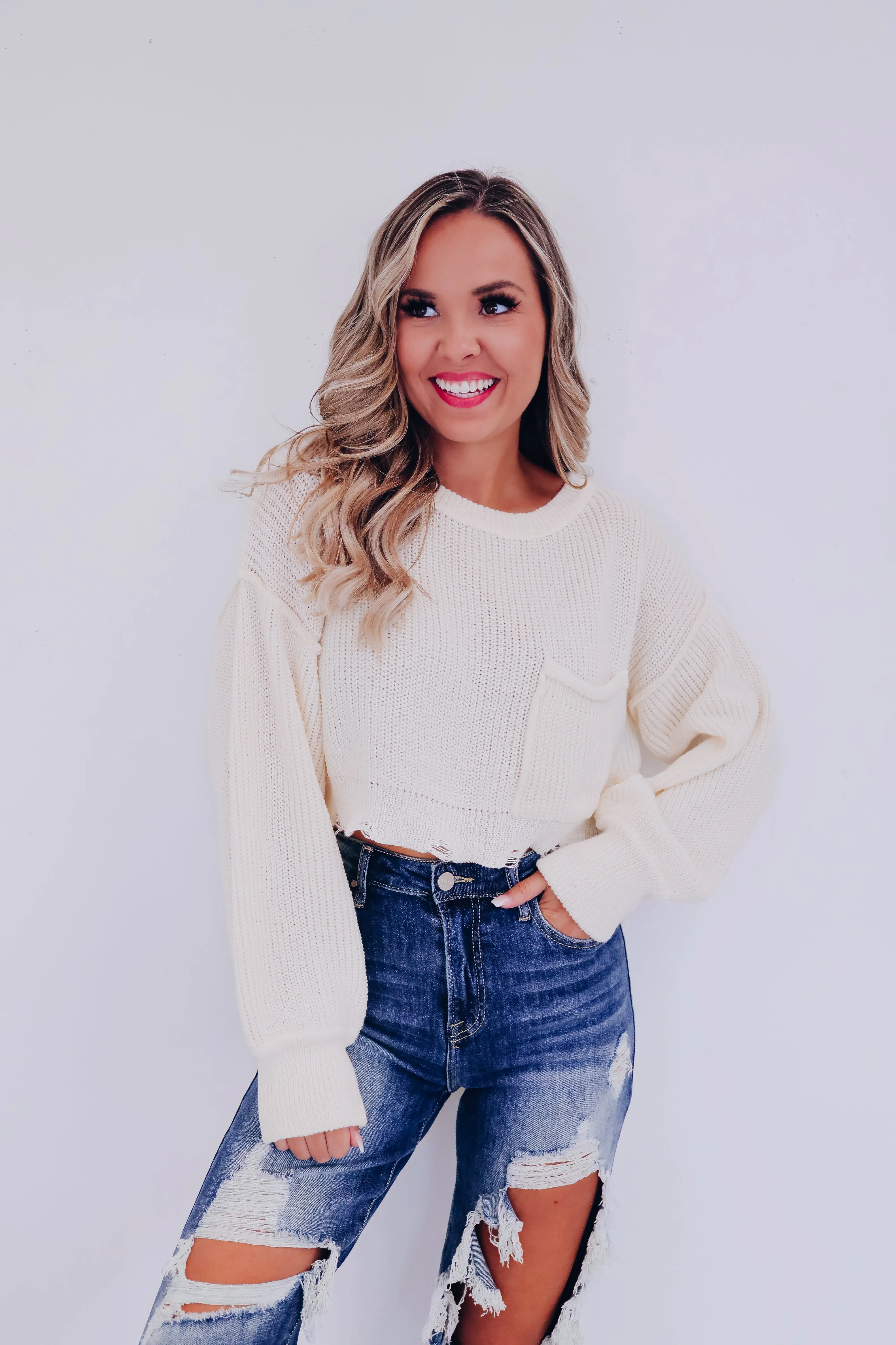 Zuri Puff Sleeve Cropped Sweater - Ivory